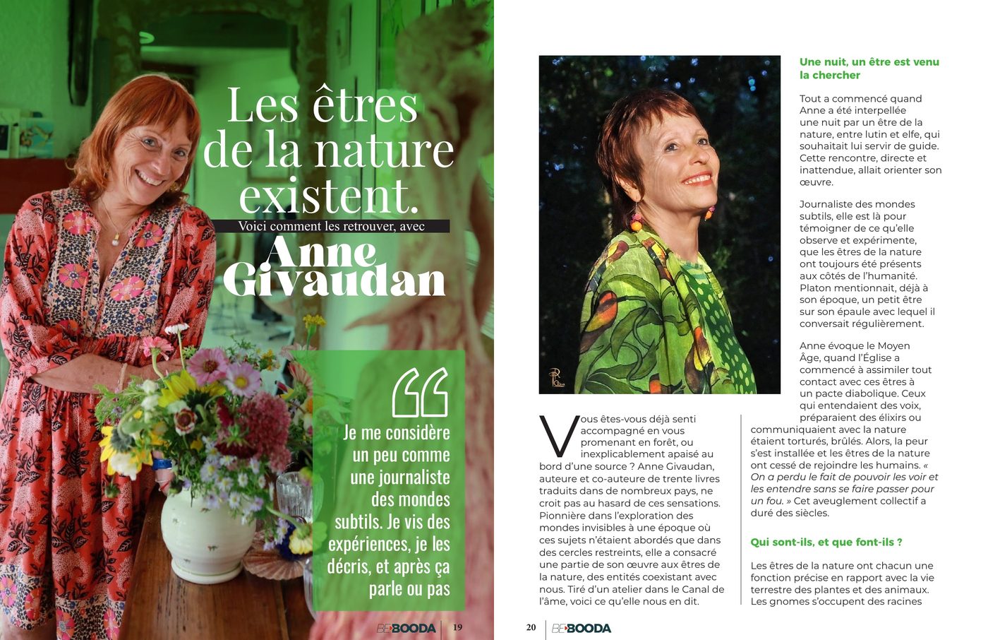 Double page de Bebooda Mag n°18 : les êtres de la nature existent, avec Anne Givaudan
