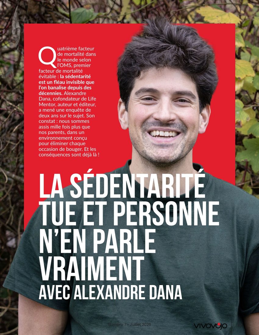Page de La Revue Vivovojo n°7 : la sédentarité tue, avec Alexandre Dana