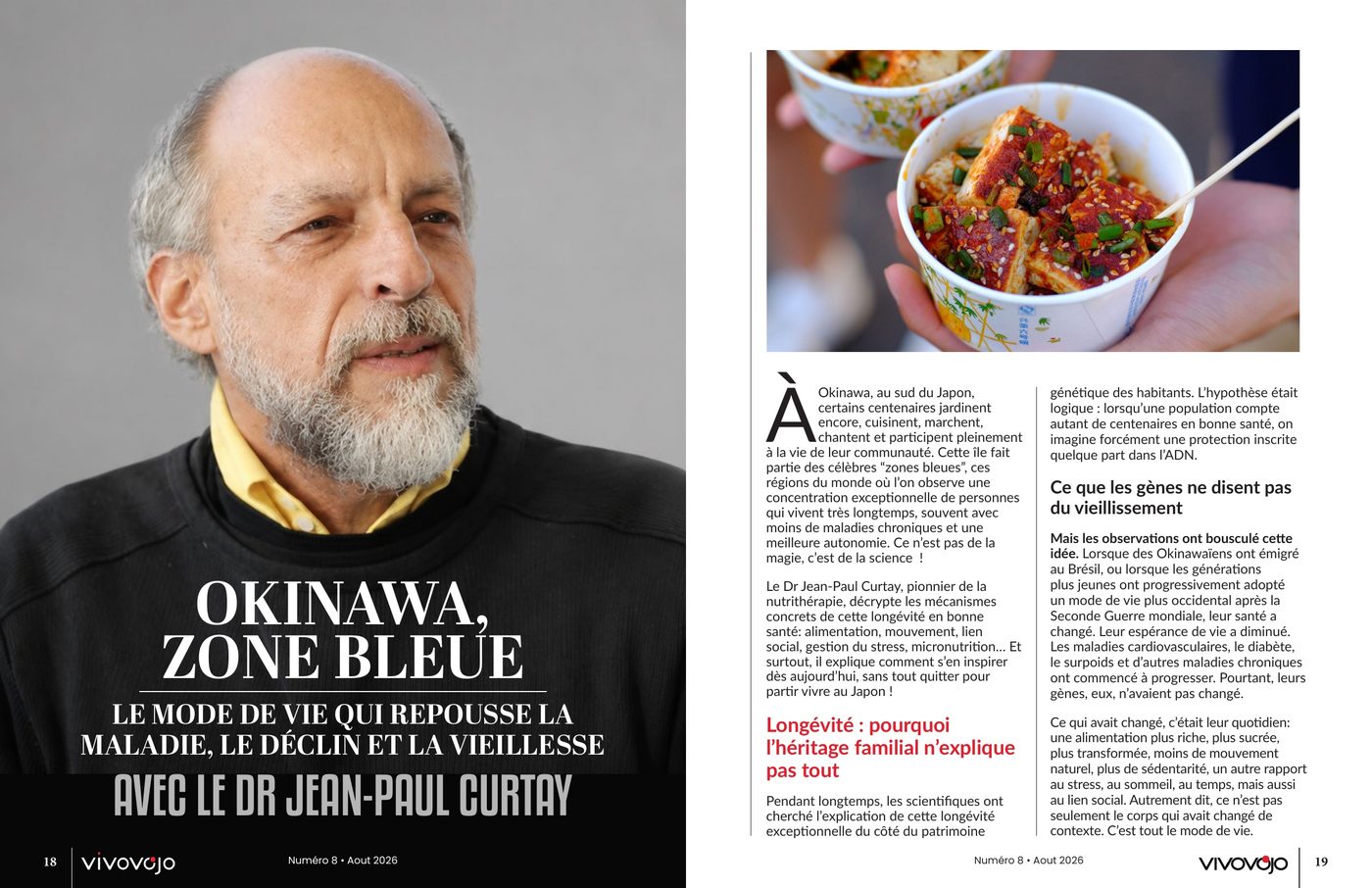 Double page de La Revue Vivovojo n°8 : Okinawa, zone bleue, avec le Dr Jean-Paul Curtay